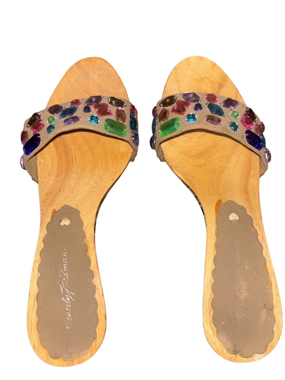 Vintage Y2K Beverly Feldman Slide Sandals with Multicolor Gemstones
